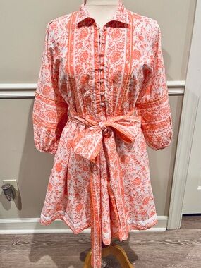 Sue Sartor Women's Coral Floral Tie-Waist Shirt Dress